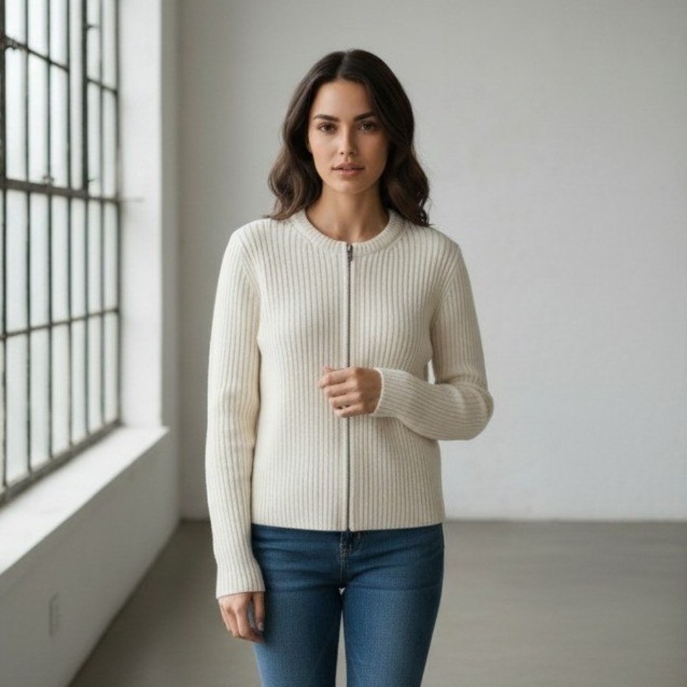 Sunday Best Aritzia Merino Wool Ribbed Zip Up Cardigan Sweater Cream Size XL
